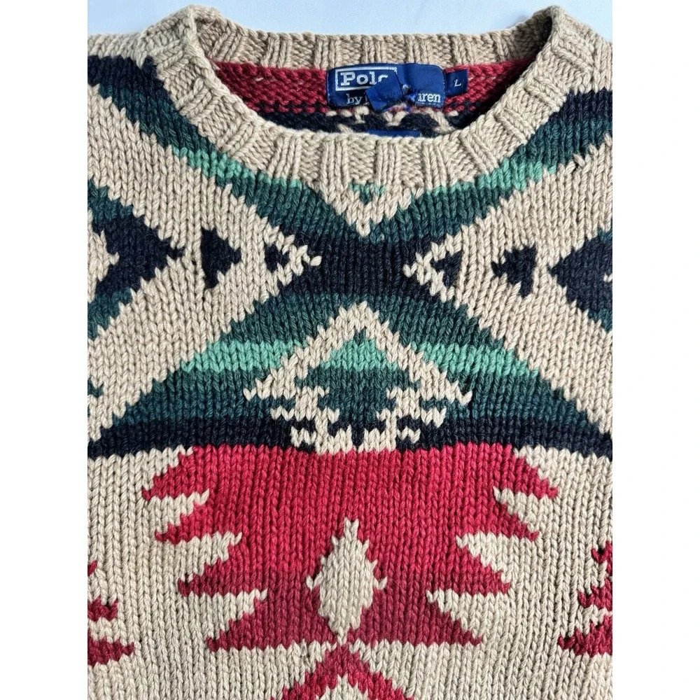 90s Polo Ralph Lauren Hand Knit Southwestern Aztec Wool Sweater Mens L Tan